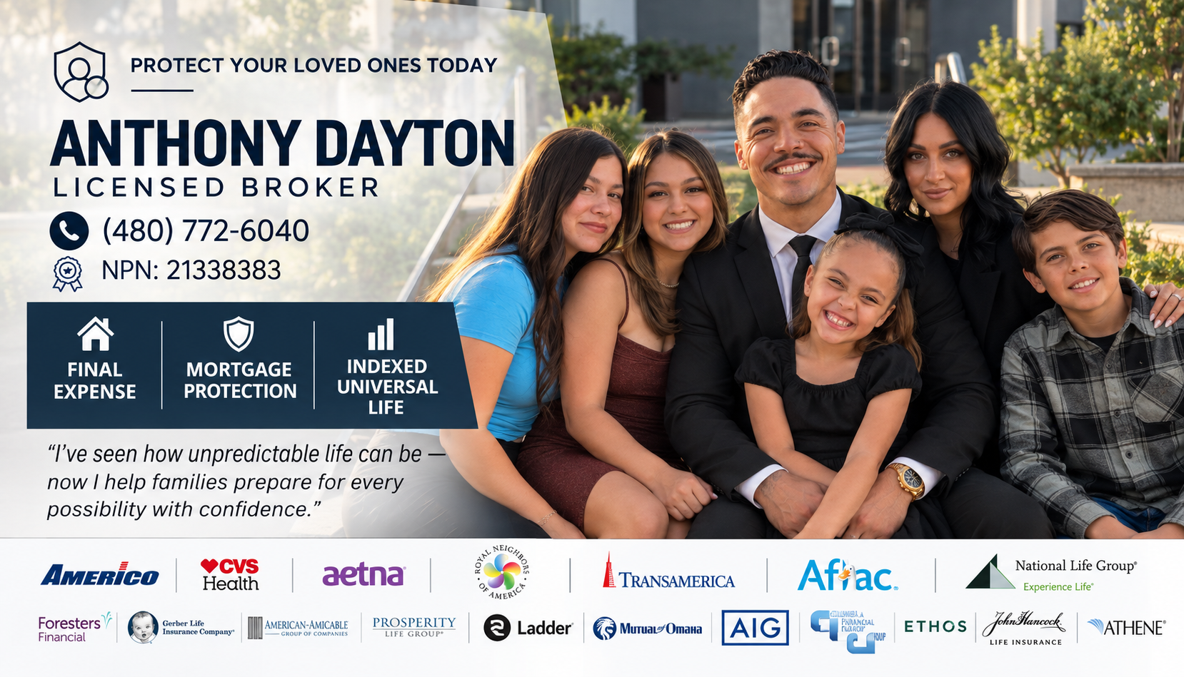 Anthony Dayton GAP Financial business card with contact details, family photograph, services, and carrier logos